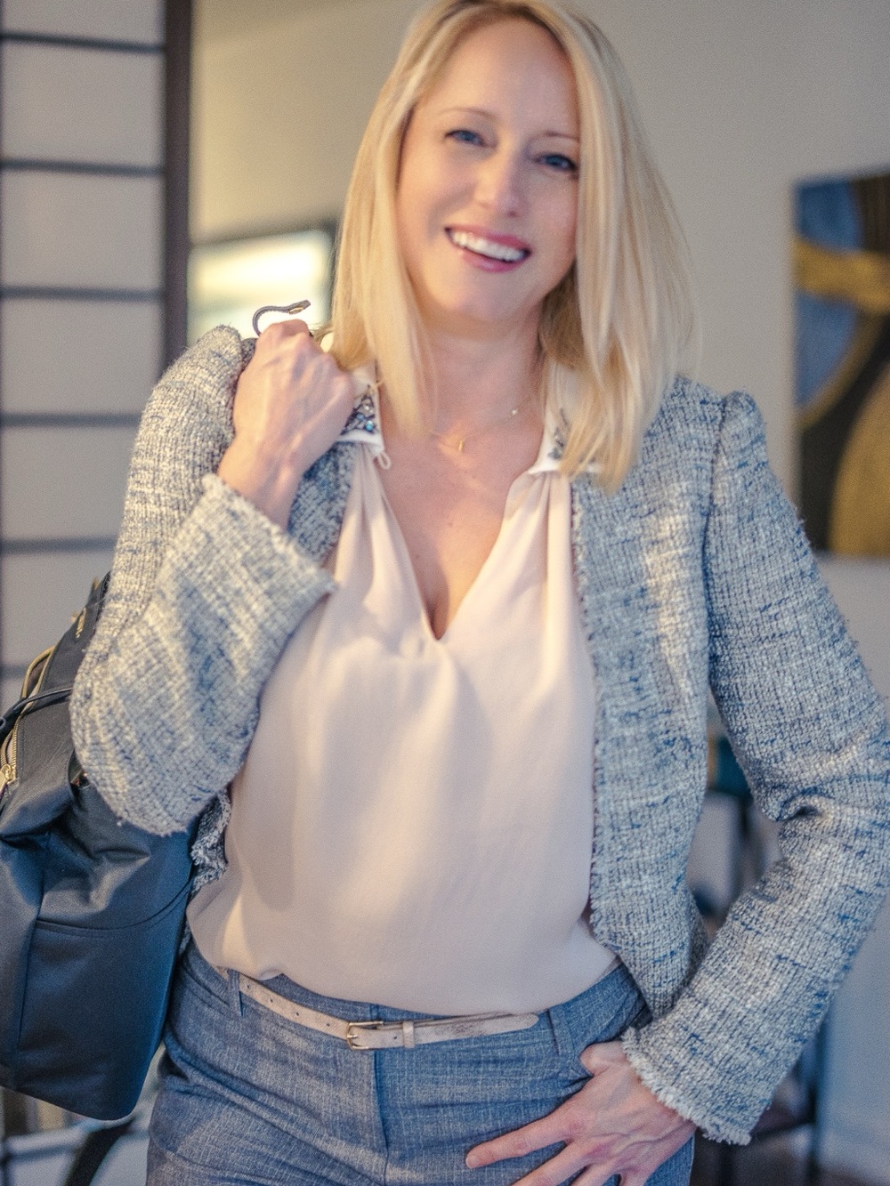 Rebecca Taylor Textured Open-Front Tweed Jacket in Light Gray and Navy - Picture 11 of 12